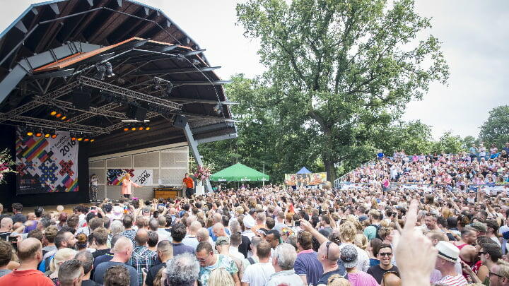 Hundreds of revelers at the Vondelpark Open Air Theater