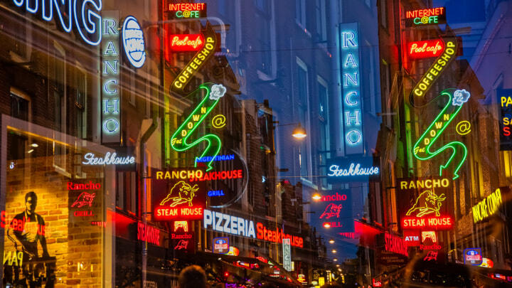Neon signs lining Amsterdam street