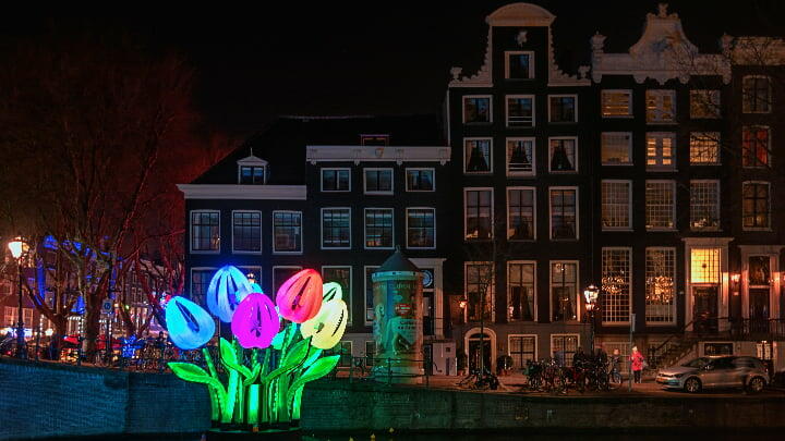 Leuchtende Tulpen auf dem Kanal beim Amsterdam Lights Festival