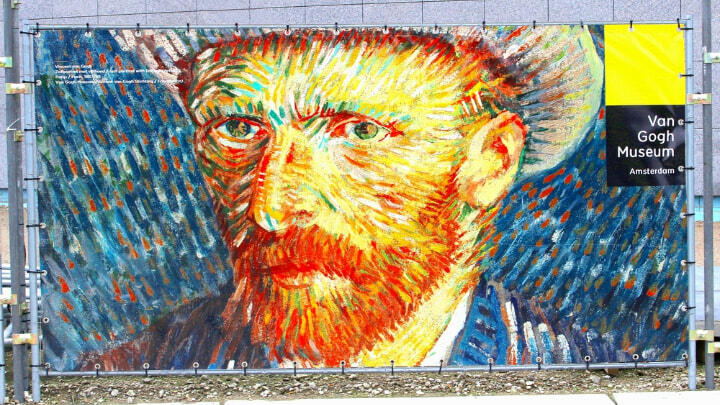 Self portrait of Vincent Van Gogh on a banner for Van Gogh Museum