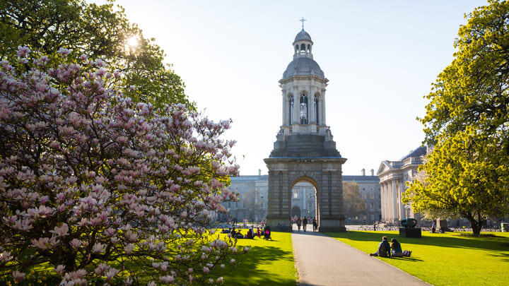 The Campanile and gardens at Trinity College, Dublin.