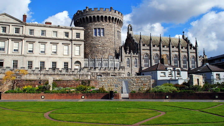 The stone tower and Chapel Royal at Dublin Castle.
