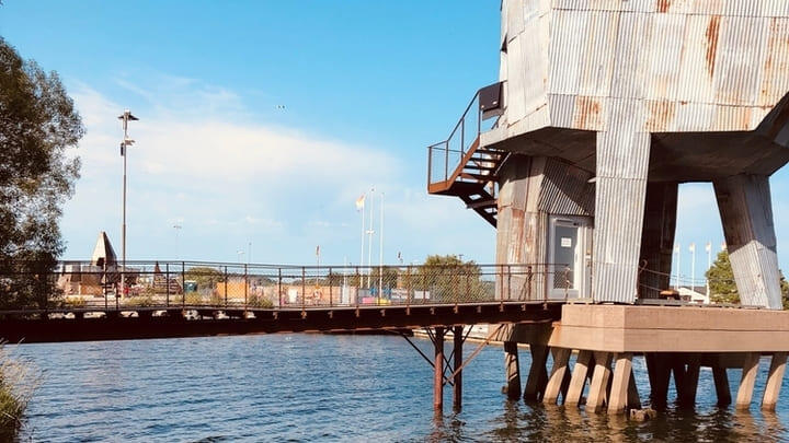 Industrial-style sauna in Gothenburg's Frihamnen harbor.