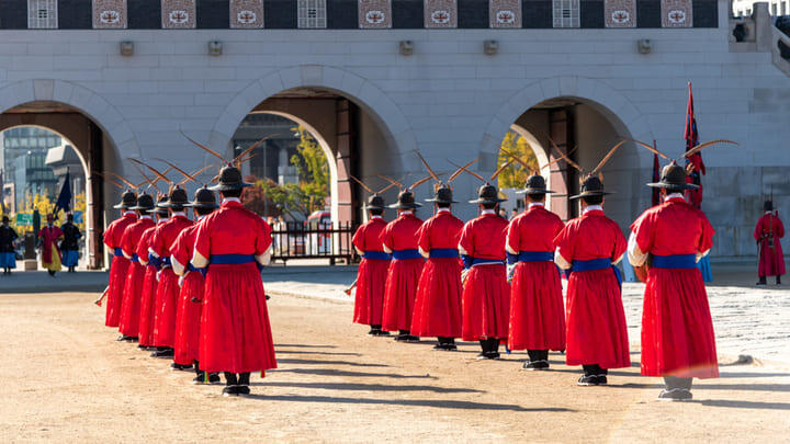 Changing of the royal guard at Gyeongbokgung Palace in Seoul.