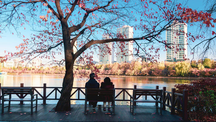 Couple enjoying the view from a bench at Seokchon Lake Park in Seoul.