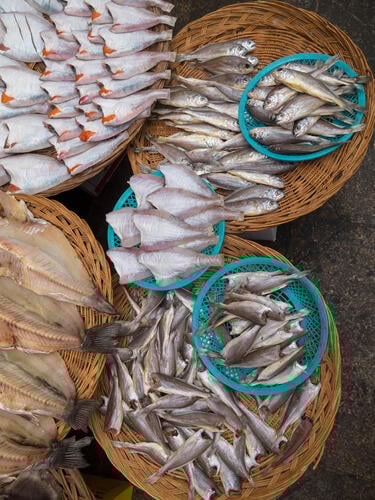 Stacks of fish at a market in Seoul's Chinatown