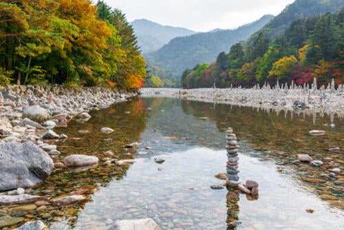 A clear lake between autumnul hills in Mount Seorak National Park, South Korea
