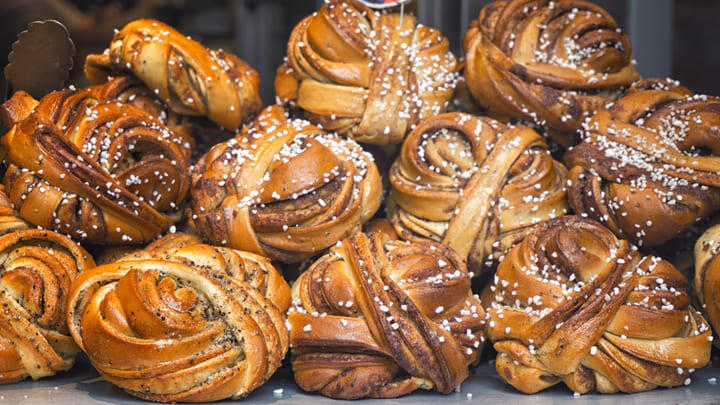 Cinnamon buns in a bakery window in Stockholm