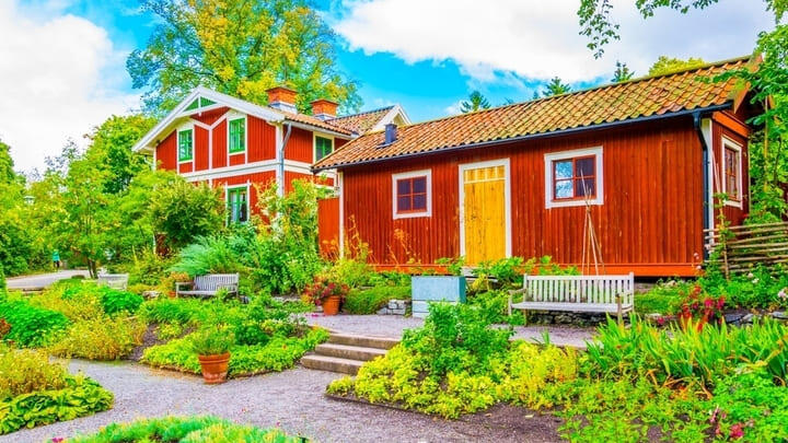Traditional colorful buildings at Skansen, Stockholm's open-air living history museum