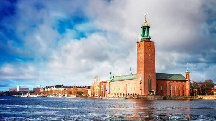 Stockholm's iconic City Hall seen from the water