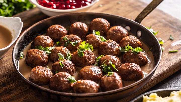 Traditional Swedish meatballs served in a pan