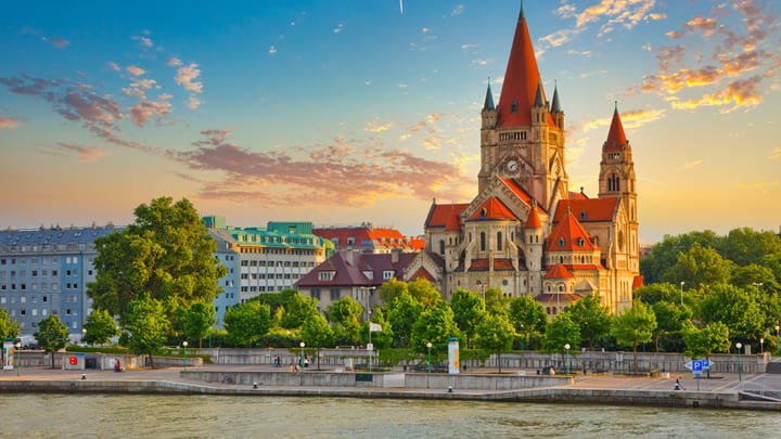 Vienna's St. Francis of Assisi church seen from the Danube.