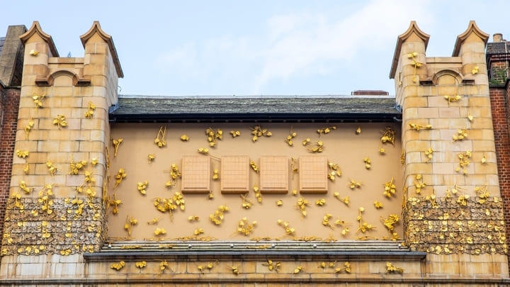 Gilded sculptures on the Whitechapel Gallery facade in East London.