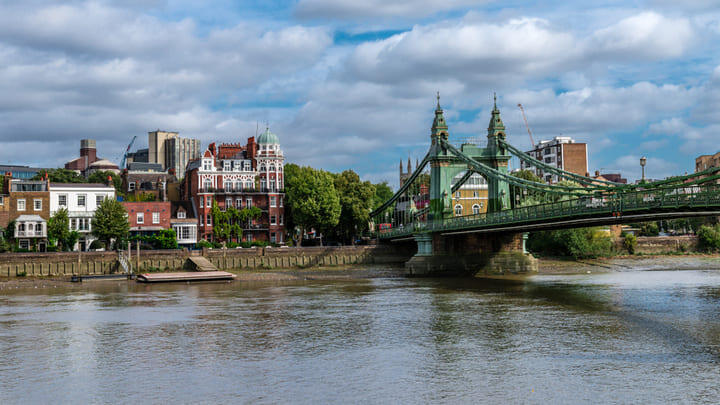 View of Hammersmith Bridge over the Thames.