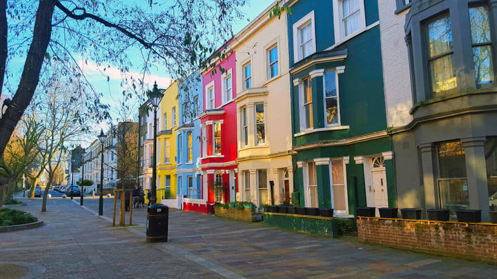 Colorful houses on Portobello Road in London.