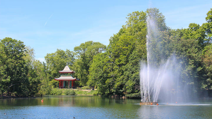 The Chinese pagoda and lake in Victoria Park, East London.