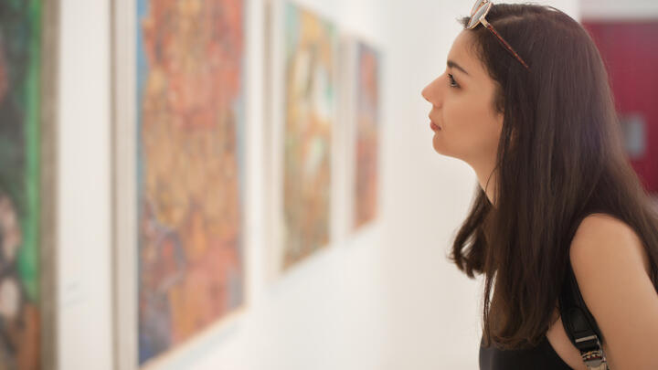 A lady looking at a painting