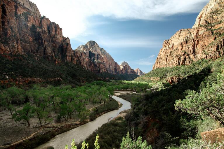 A cooling river in a valley in Zion National Park