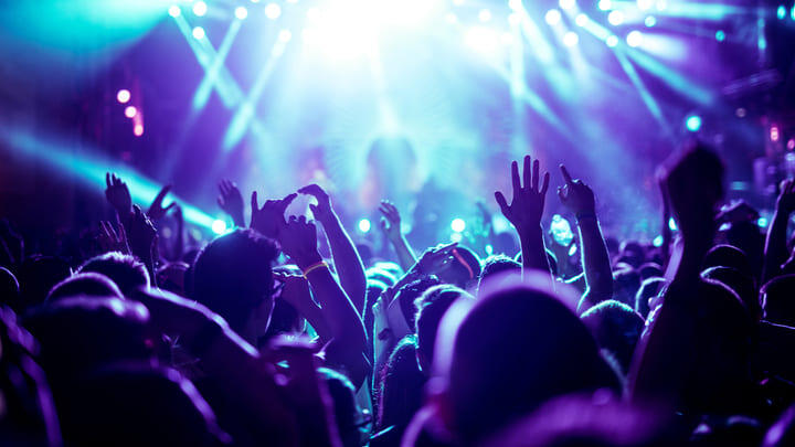 Crowd of fans with their hands in the air at a concert.