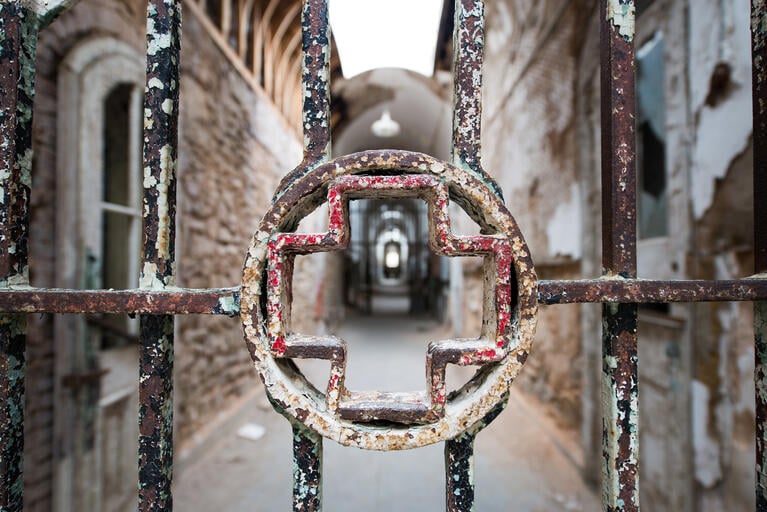 View through the gate of the Eastern State Penitentiary in Philadelphia