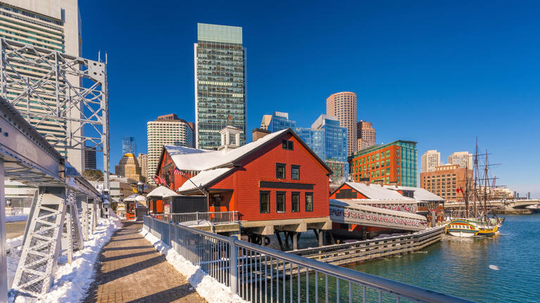Boston harborside after snowfall in winter