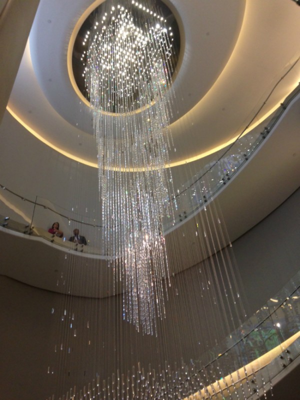 the Joie Crystal Water Fall Chandelier in the Grand Atrium Lobby of the Top of the Rock Observation Deck