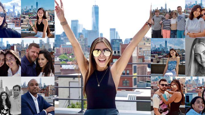 Montage of rooftop photoshoot shots, with central image of girl in sunglasses raising her arms against a city backdrop