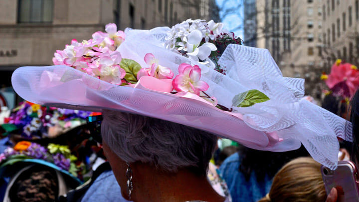 A floral pink bonnet at the Easter Parade in New York.