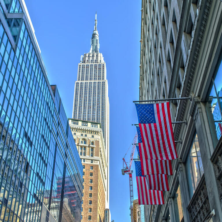 View looking up at the Empire State Building from street level
