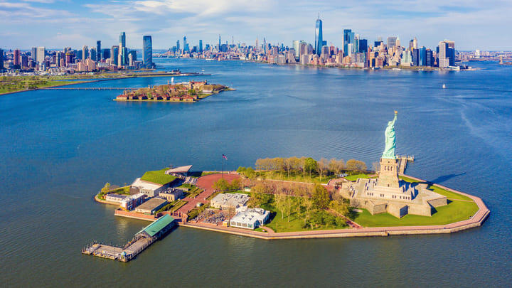 Liberty Island and the Statue of Liberty pictured from above