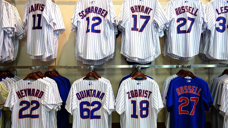 Rows of sports jerseys in a Chicago store
