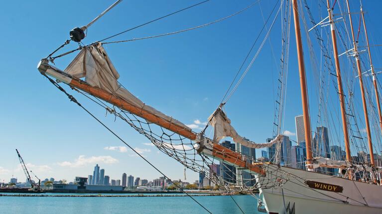 The tall ship Windy on the shores of Lake Michigan