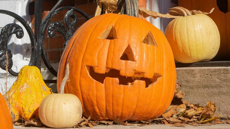 A jack-o'-lantern sitting on a Chicago doorstep