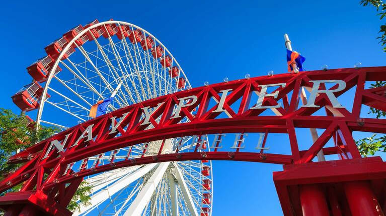 Entry sign to Navy Pier and the Centennial Wheel