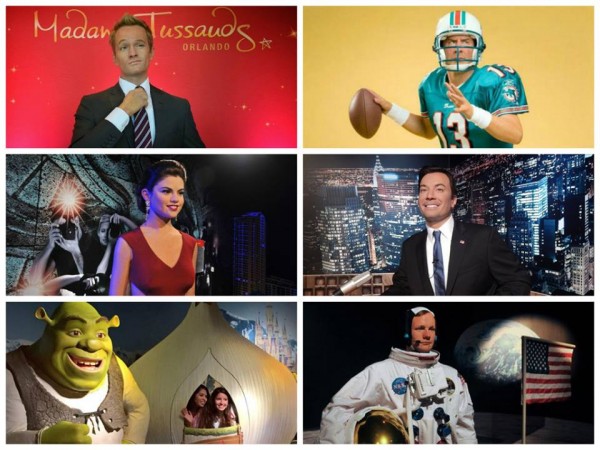 Some of the wax figures you'll see at Madame Tussauds Orlando: Neil Patrick Harris, Dan Marino, Selena Gomez, Jimmy Fallon, Shrek, Neil Armstrong, and more.