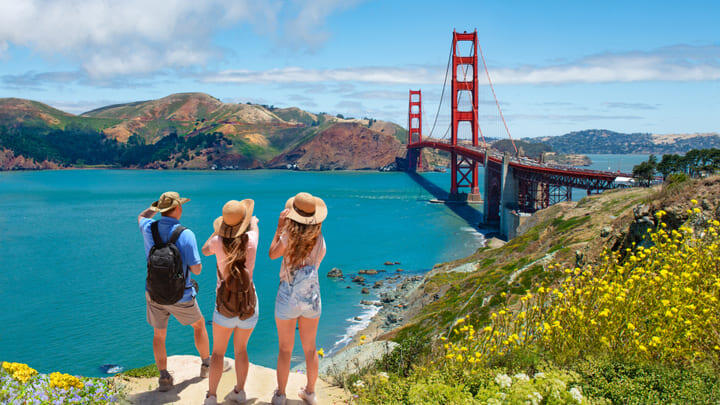 Walkers on a hike to the Golden Gate Bridge in San Francisco