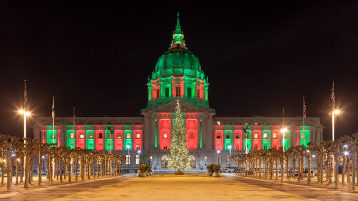 San Francisco City Hall illuminated in festive colors