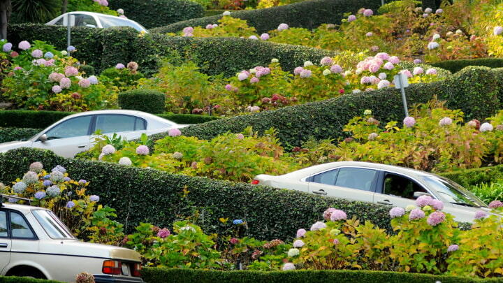 Cars winding down Lombard Street