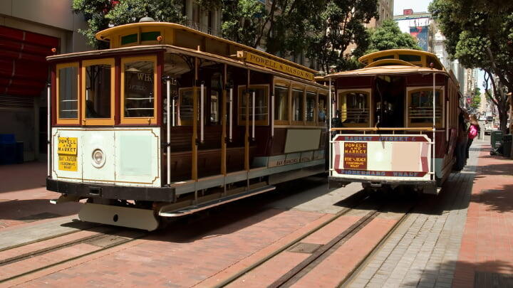 San Francisco cable cars passing by one another