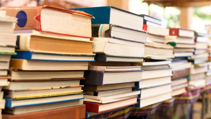 Pile of books in a bookstore