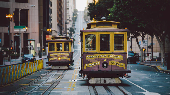 Cable cars passing in a San Francisco street