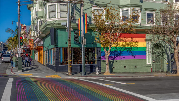 A rainbow crosswalk in the Castro neighborhood, San Francisco