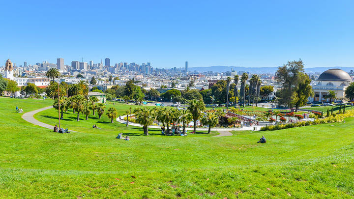 Downtown views from Dolores Park in The Mission, San Francisco