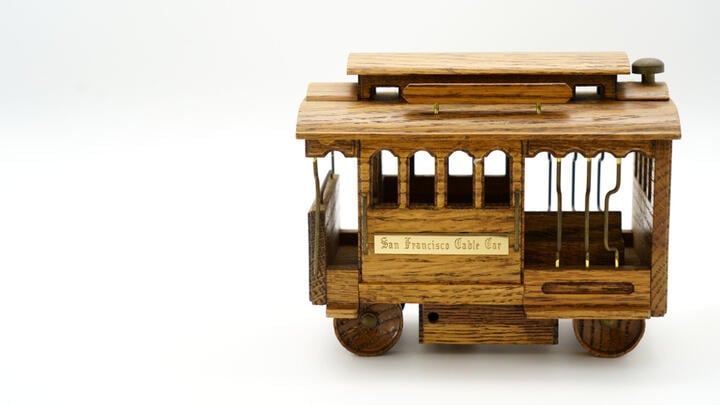 A toy wooden San Francisco cable car