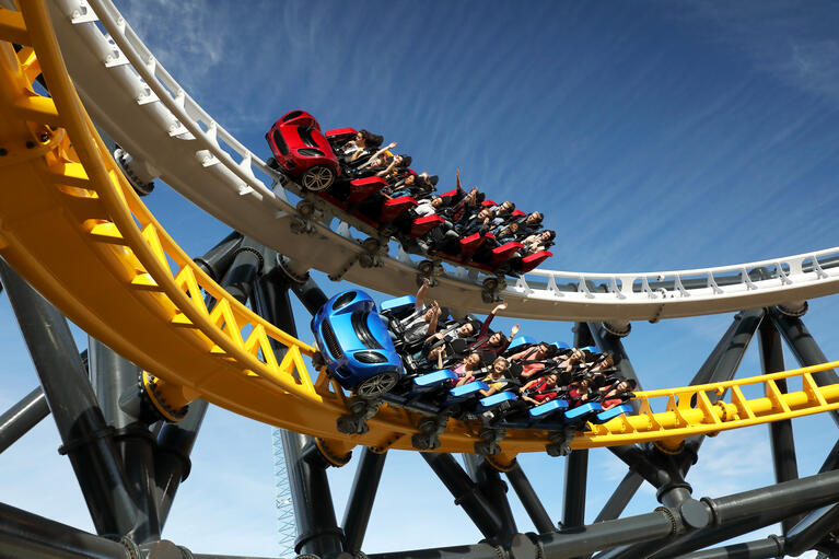 Roller coaster at a theme park in Los Angeles