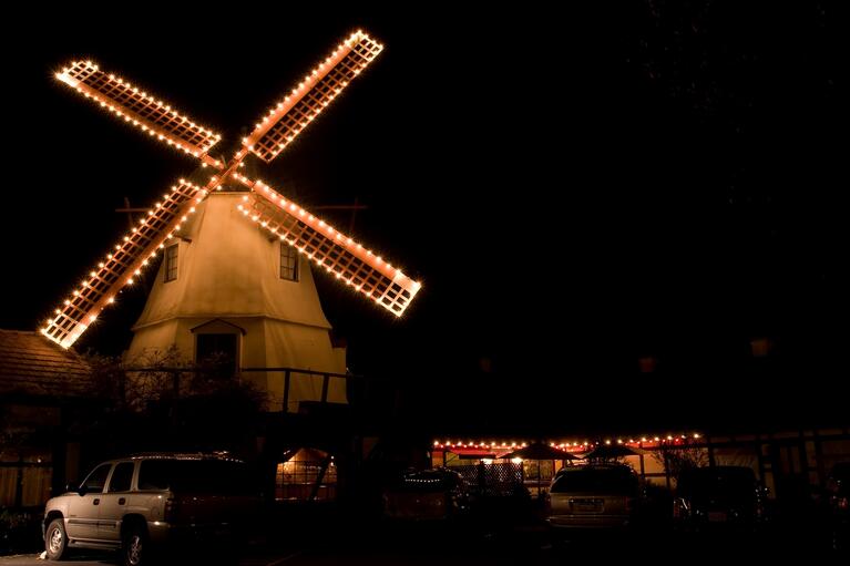 Lights decorate a windmill in Solvang, California