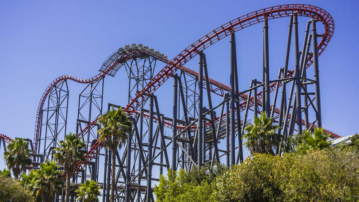 A rollercoaster ride at the Six Flags Magic Mountain theme park in California.