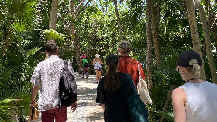 Back view of people walking jungle trails of Xcaret park