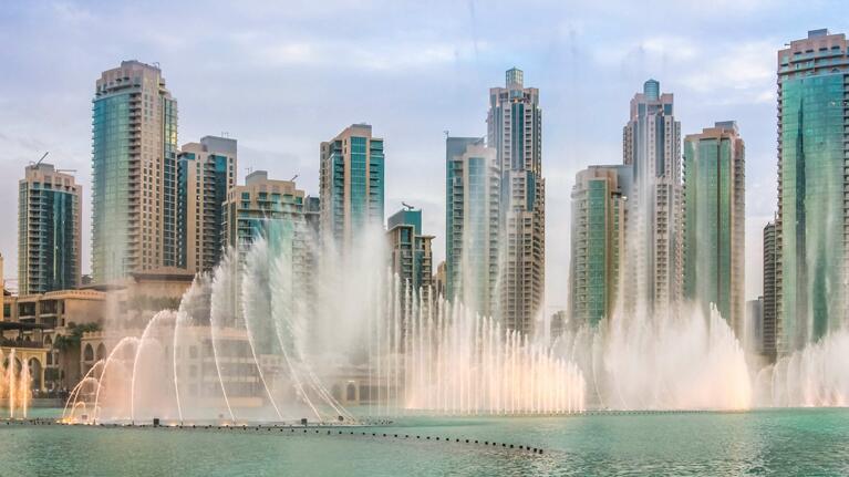 The jets of Dubai Fountain in Downtown Dubai