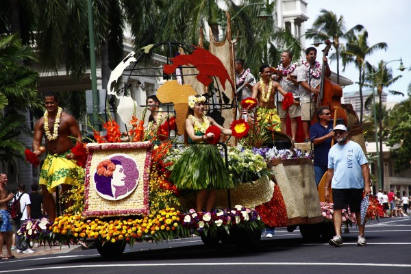 Aloha Week's big event is a parade which includes performances, horseback riders, and elaborate floats